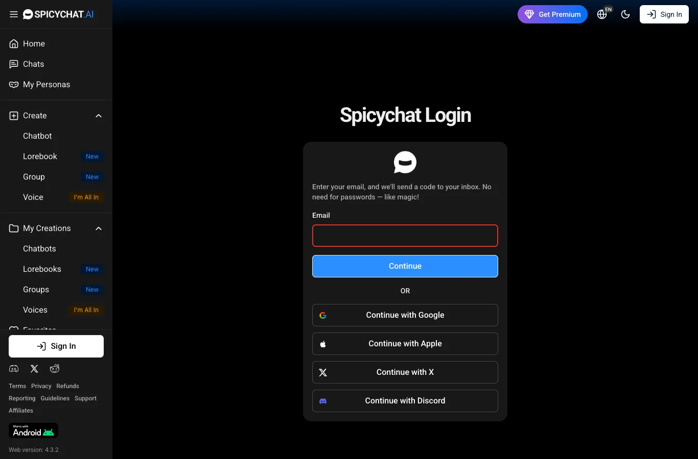 SpicyChat login screen