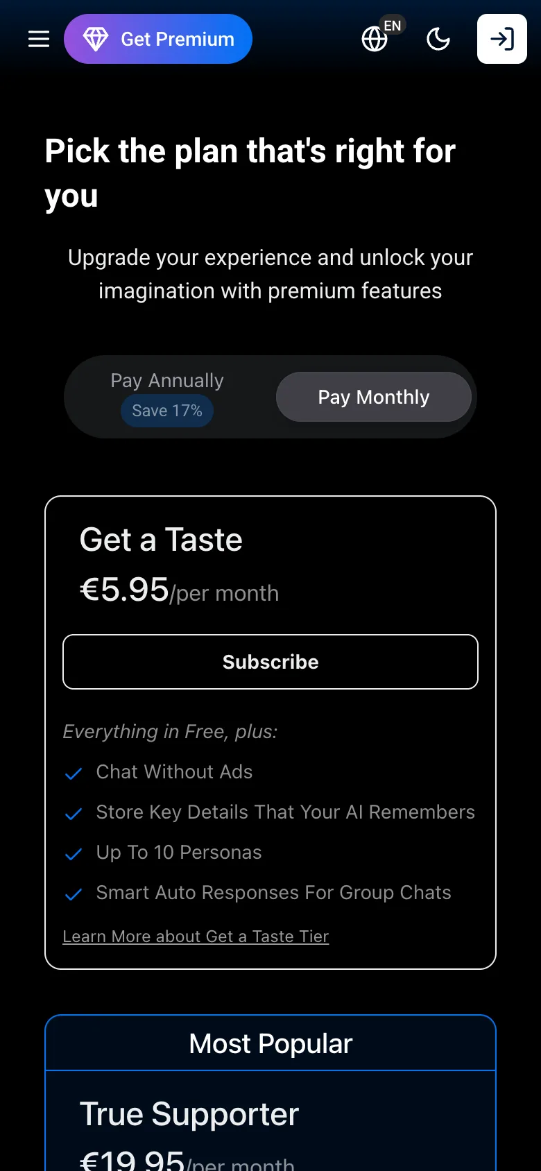 SpicyChat pricing screen
