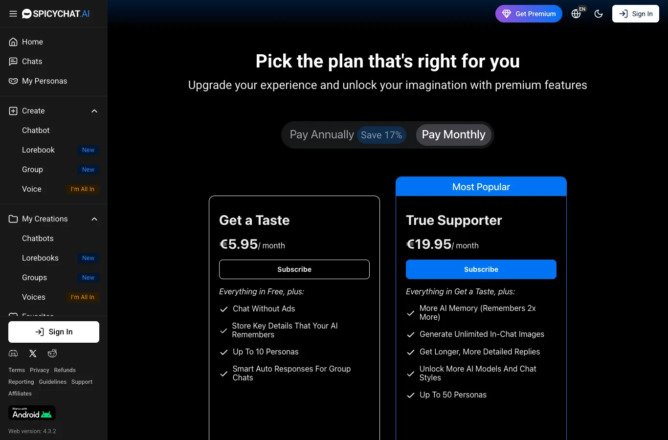 SpicyChat pricing screen